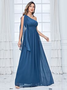 One Shoulder Draped Side Chiffon Bridesmaid Dress - Navy Blue - View 4