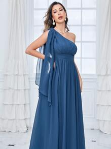 One Shoulder Draped Side Chiffon Bridesmaid Dress - Navy Blue - View 5
