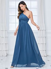 One Shoulder Draped Side Chiffon Bridesmaid Dress - Navy Blue - View 6
