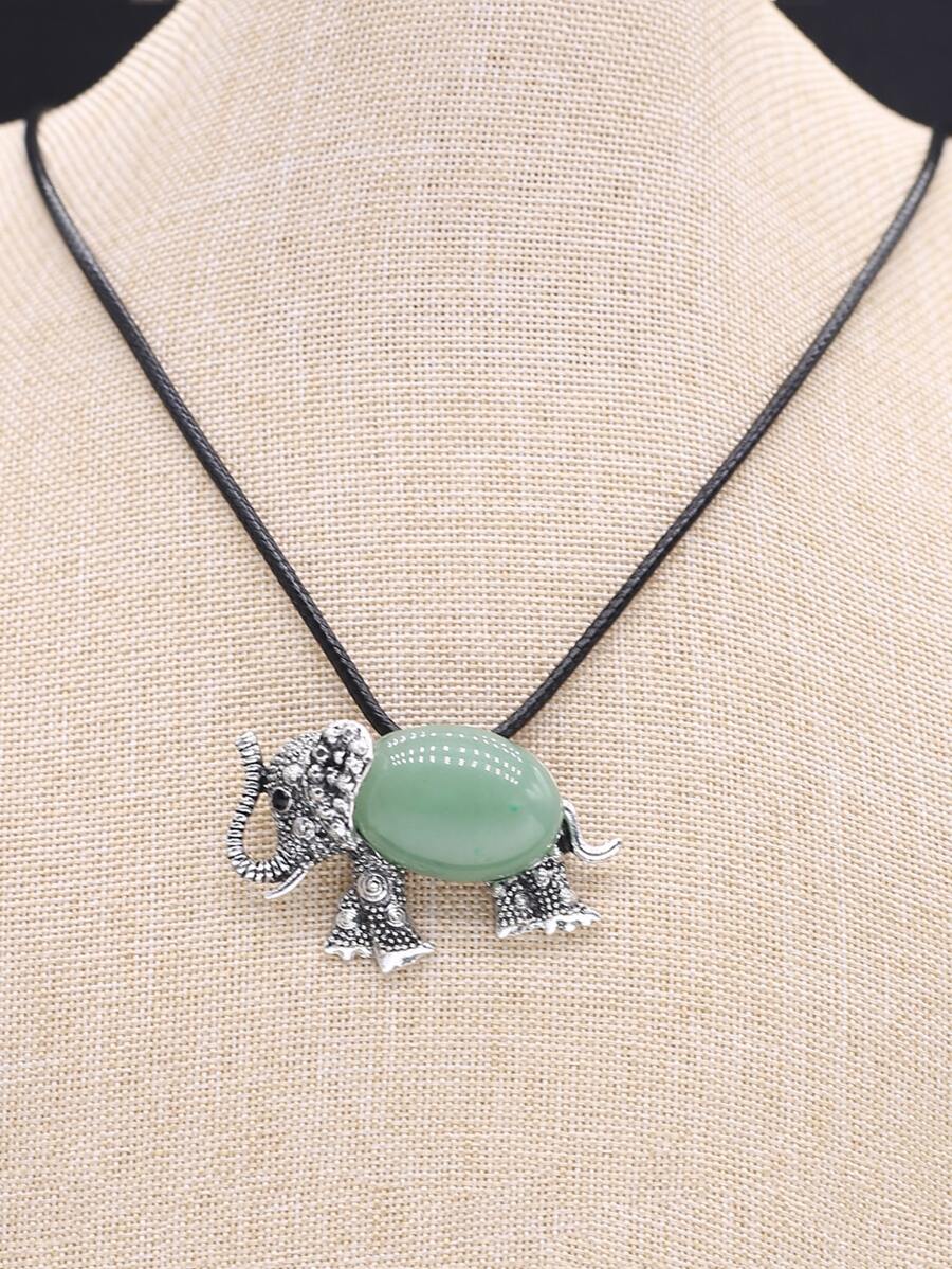 石頭裝飾大象吊墜項鍊 - 綠色 - 查看 1