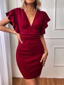 SHEIN Privé V-neck Butterfly Sleeve Bodycon Dress - Burgundy - View 1