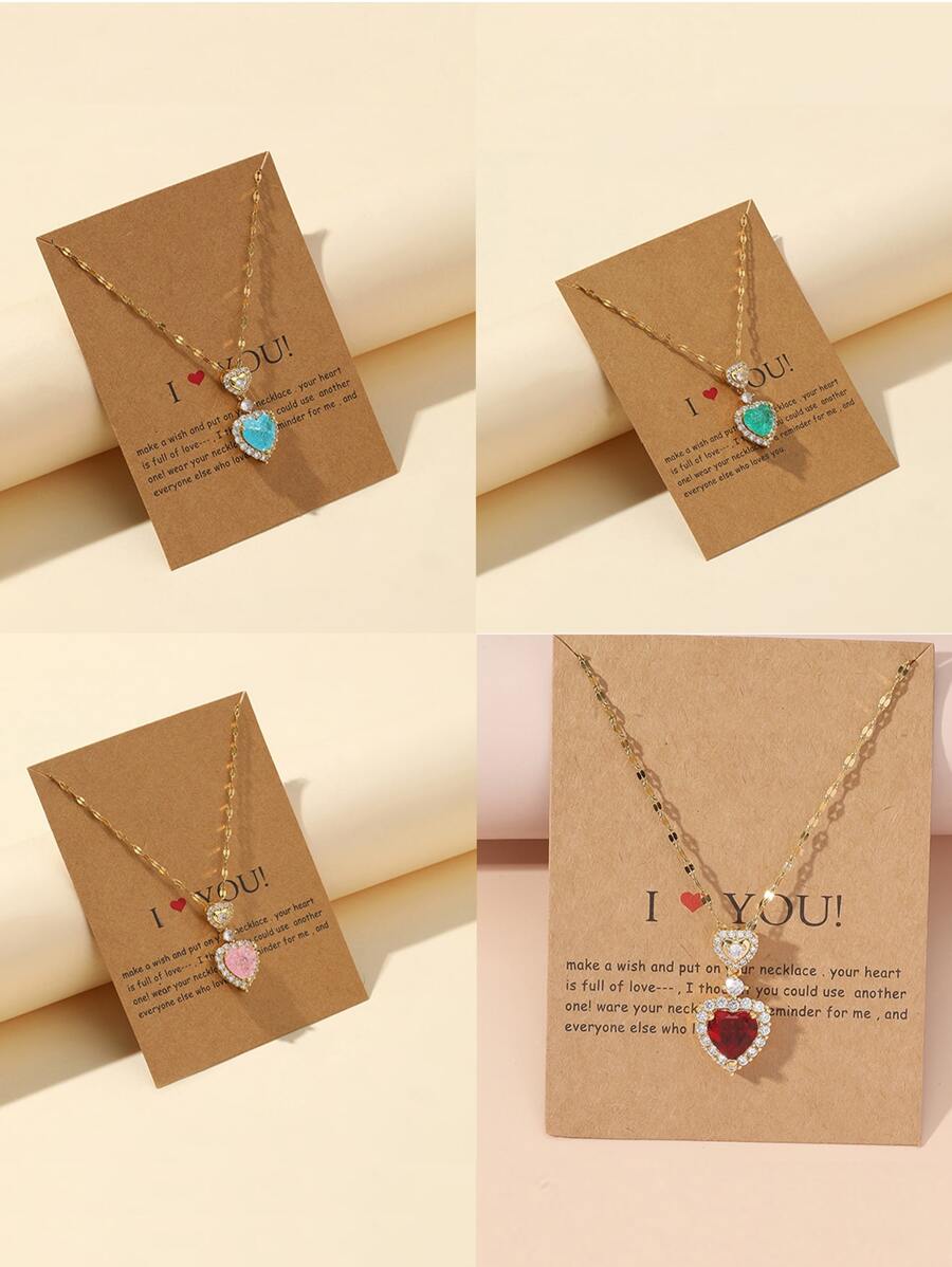 1入組水鑽愛心掛飾項鍊銅方晶鋯石心形墜飾女士們項鍊銅首飾類 - 紅色 - 查看 1