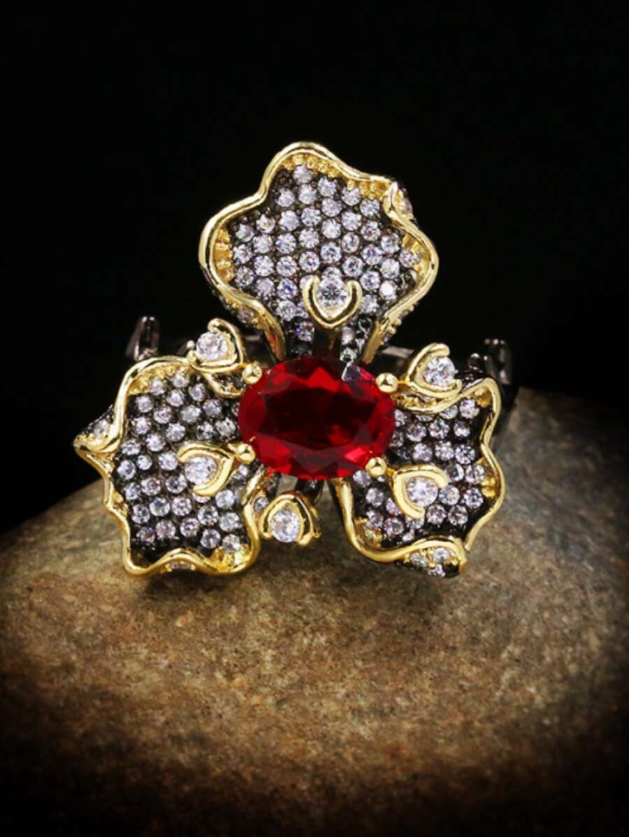 Rhinestone Flower Decor Ring - Multicolor - View 1