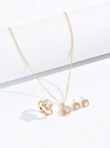 4入组/套方晶鋯石裝飾首飾套裝銅首飾類 - 金黃色 - 查看 2