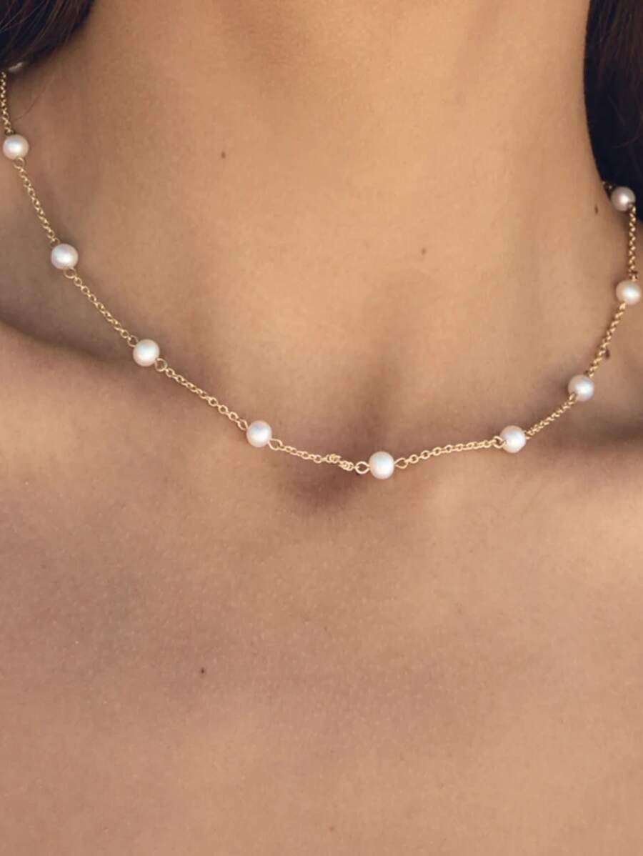 1 vòng cổ trang trí ngọc trai giả, trang sức bằng thép không gỉ