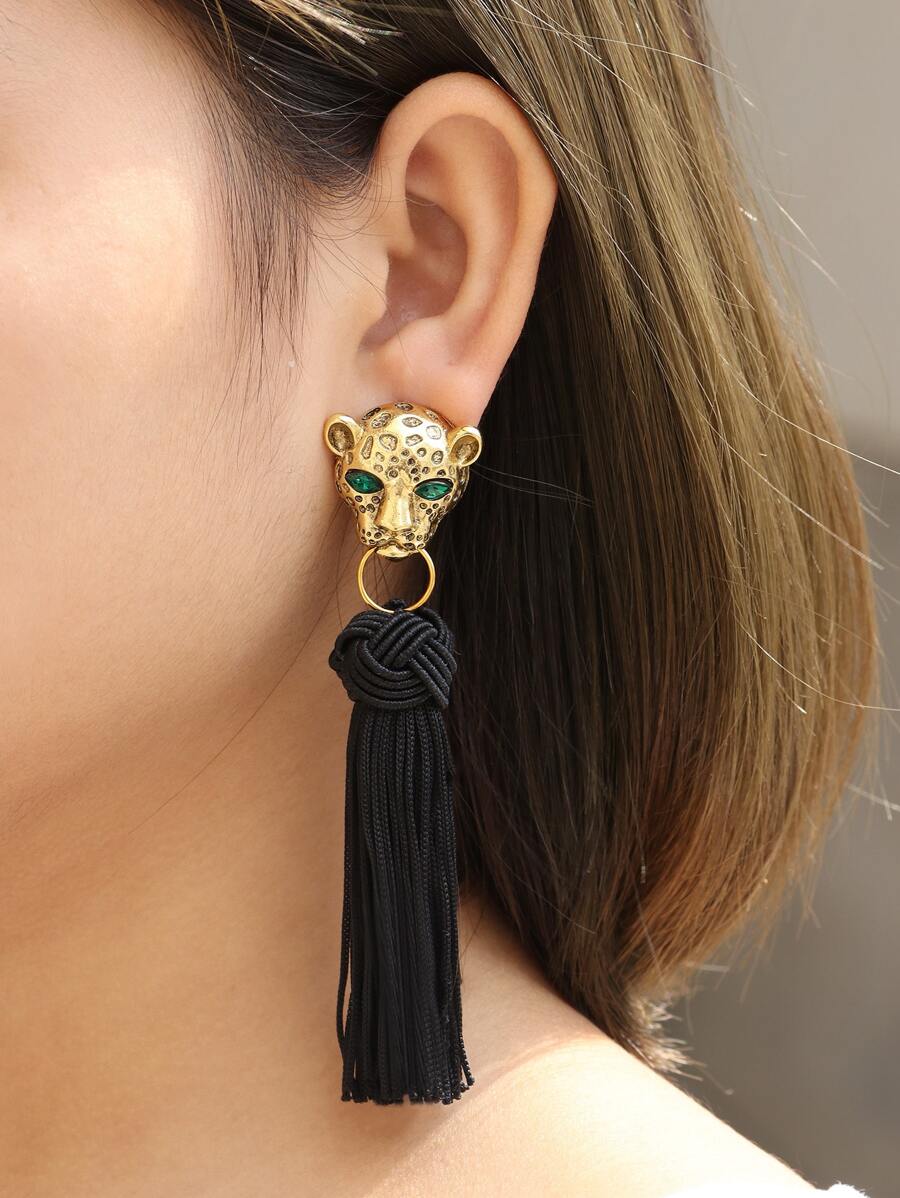 Leopard Decor Tassel Drop Earrings - Black - View 1