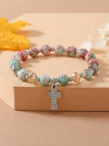 Rhinestone Cross Charm Beaded Bracelet - Multicolor - View 7