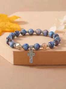Braccialetto con perline con strass fascino croce
