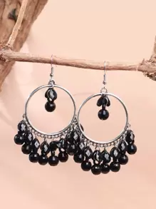 Bead Tassel Drop Earrings - Black - View 1