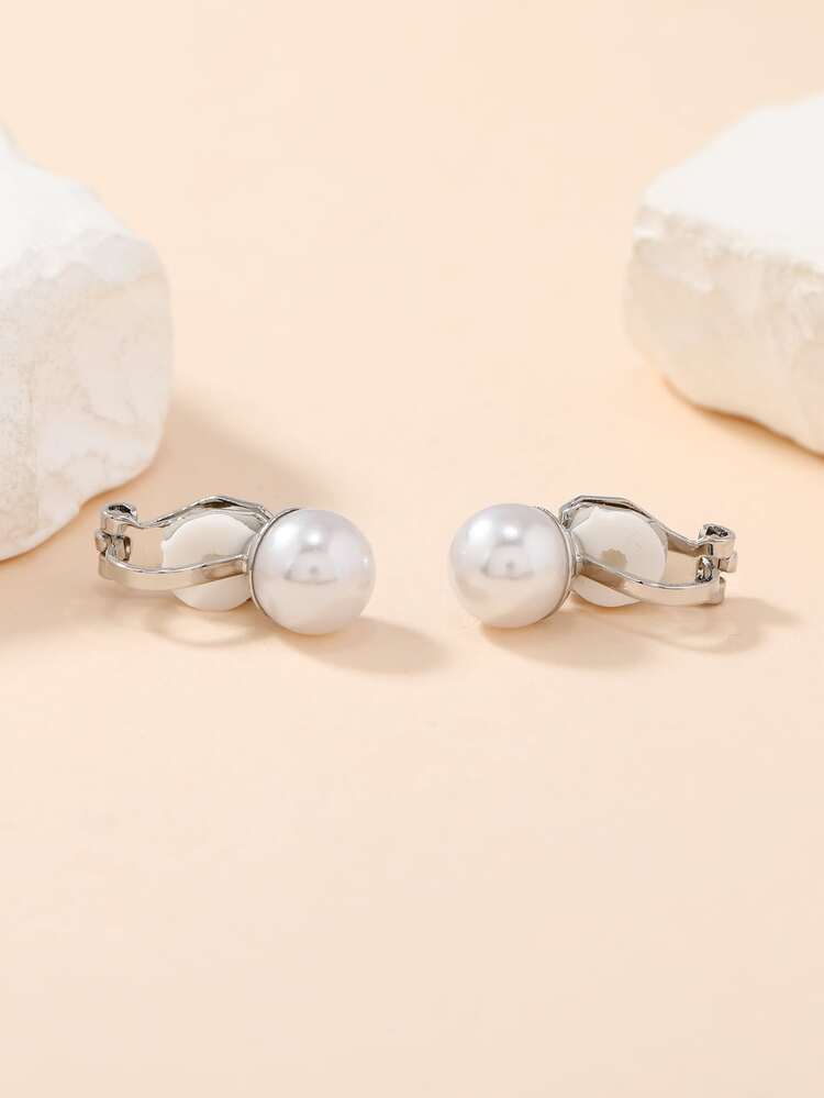 Faux Pearl Decor Clip On Earrings - Silver - View 4