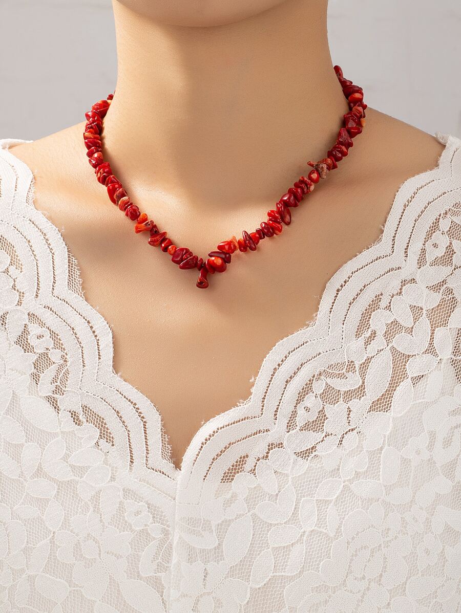 石頭串珠項鍊 - 酒紅色 - 查看 1