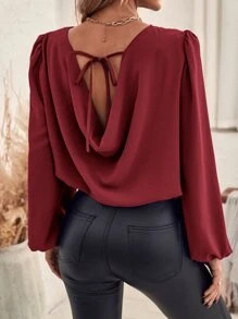 SHEIN Clasi Draped Tie Back Lantern Sleeve Blouse - Burgundy - View 1