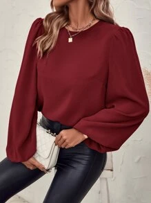 SHEIN Clasi Draped Tie Back Lantern Sleeve Blouse - Burgundy - View 2