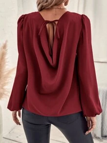 SHEIN Clasi Draped Tie Back Lantern Sleeve Blouse - Burgundy - View 3