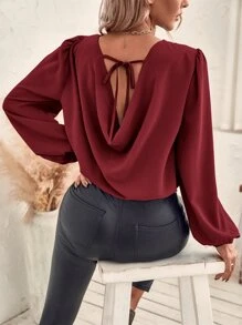 SHEIN Clasi Draped Tie Back Lantern Sleeve Blouse - Burgundy - View 5