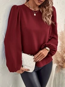 SHEIN Clasi Draped Tie Back Lantern Sleeve Blouse - Burgundy - View 6