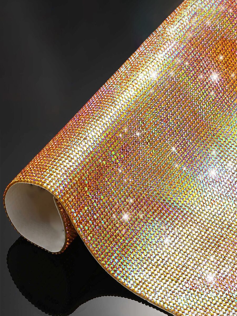 1roll Rhinestone Patch Sticker, Modern Glitter Detail Plastic DIY Fabric Sticker For Sewing - Gold - View 1