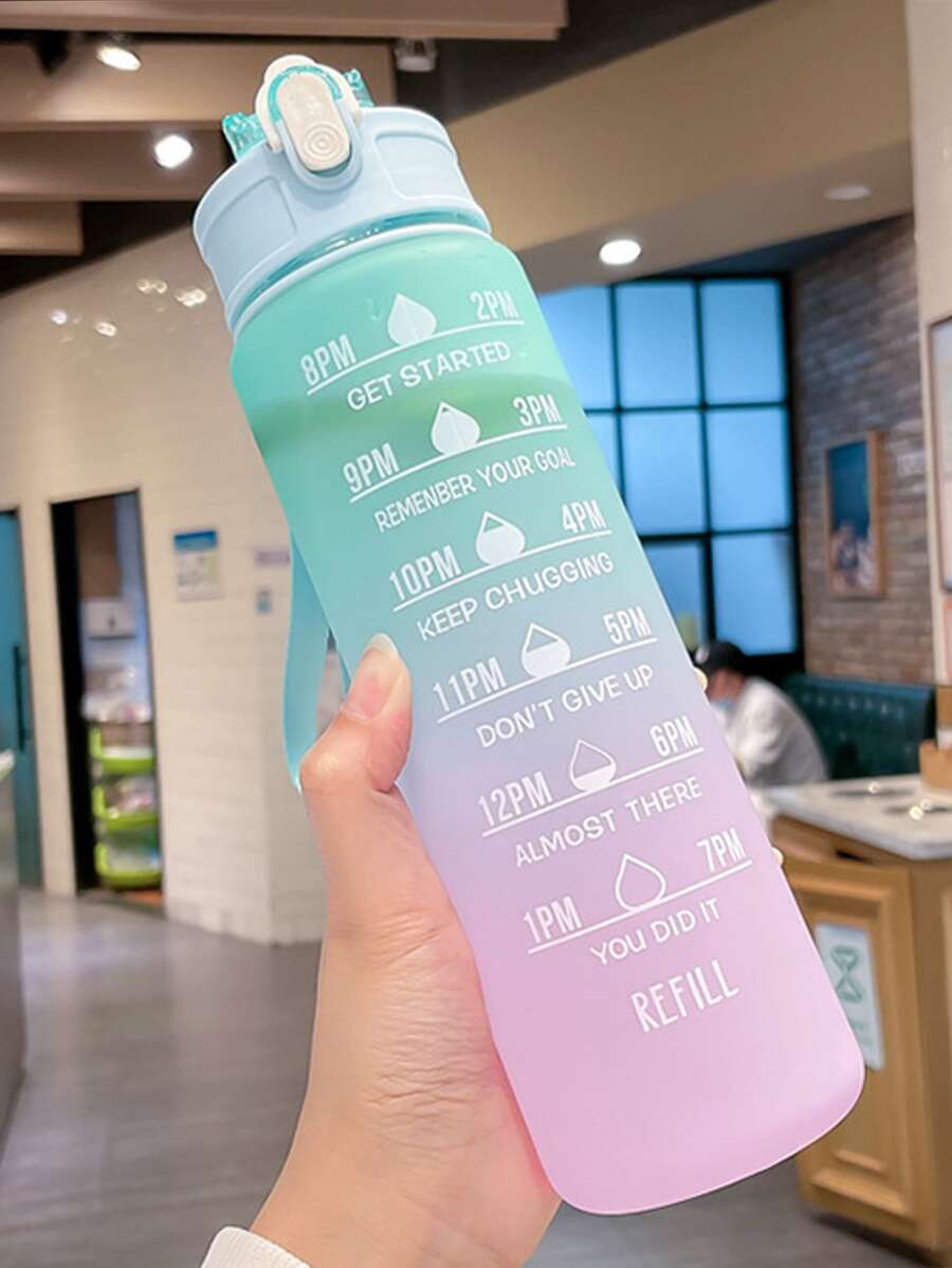 1入組750ml水瓶,現代漸變色字母圖案飲水瓶適用於家庭和旅行,返校用品 - 青碧色 - 查看 1