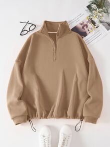 INAWLY Áo nỉ Plus Size Dây kéo màu trơn Giải trí - Lạc đà - Xem 1