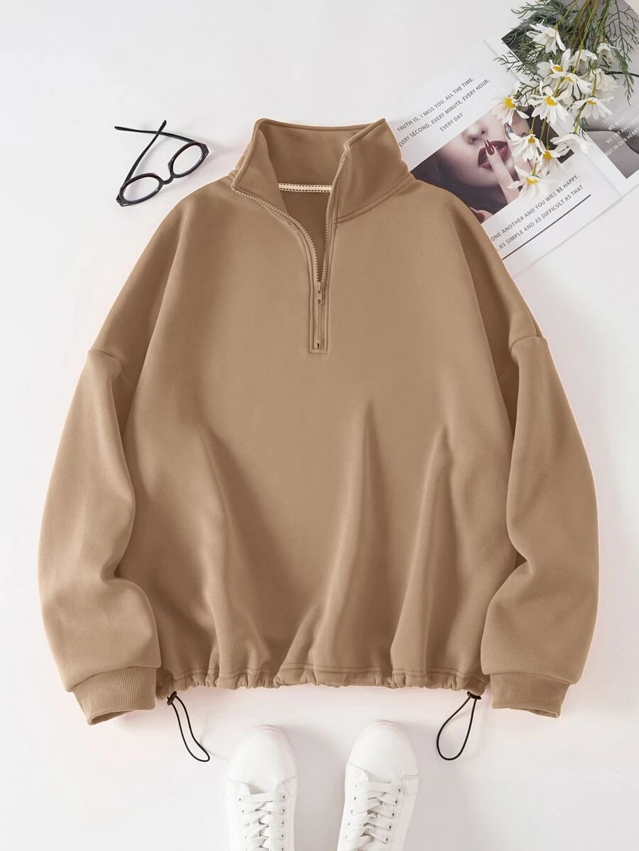 INAWLY Áo nỉ Plus Size Dây kéo màu trơn Giải trí - Lạc đà - Xem 1