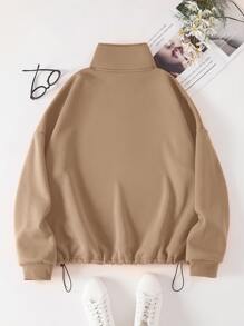 INAWLY Áo nỉ Plus Size Dây kéo màu trơn Giải trí - Lạc đà - Xem 2