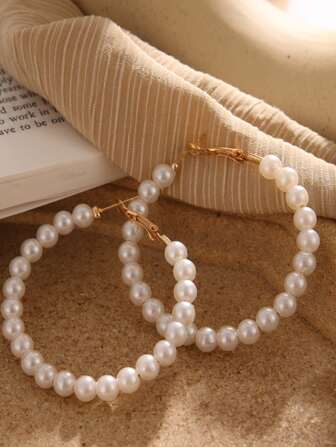 Faux Pearl Beaded Hoop Earrings Faux Pearl Beaded Hoop Earrings Allover Pearl Earring Hoop Earrings Women's Fashion Accessories 2023 New In