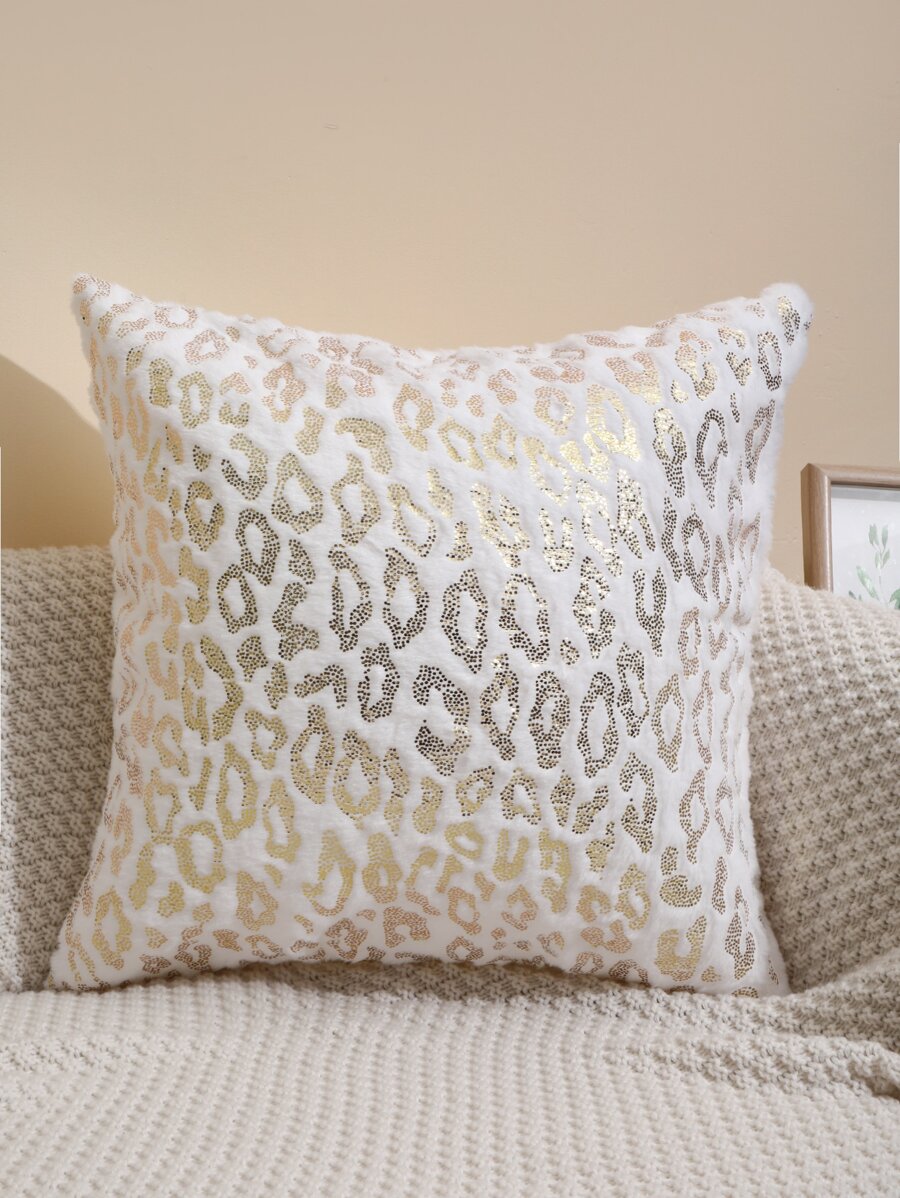 1件兔子毛绒工艺金色压花豹纹图案枕套，简约舒适柔软，适合长沙毛枕套，不含枕芯 - 彩色 - 查看 1