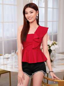 SHEIN Privé Ruffle Trim One Shoulder Peplum Top - Red - View 1