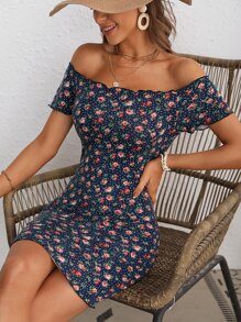 SHEIN VCAY Ditsy Floral Print Off Shoulder Lettuce Trim Bodycon Dress - Multicolor - View 2