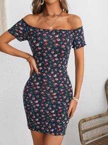 SHEIN VCAY Ditsy Floral Print Off Shoulder Lettuce Trim Bodycon Dress - Multicolor - View 4