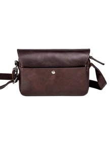 迷你男士極簡翻蓋郵差包單肩包運動包適用於中學大學學生適合旅行大學學校 - 咖啡棕 - 查看 2