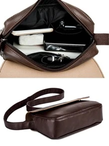 迷你男士極簡翻蓋郵差包單肩包運動包適用於中學大學學生適合旅行大學學校 - 咖啡棕 - 查看 4