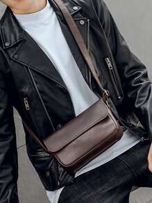 迷你男士極簡翻蓋郵差包單肩包運動包適用於中學大學學生適合旅行大學學校 - 咖啡棕 - 查看 5