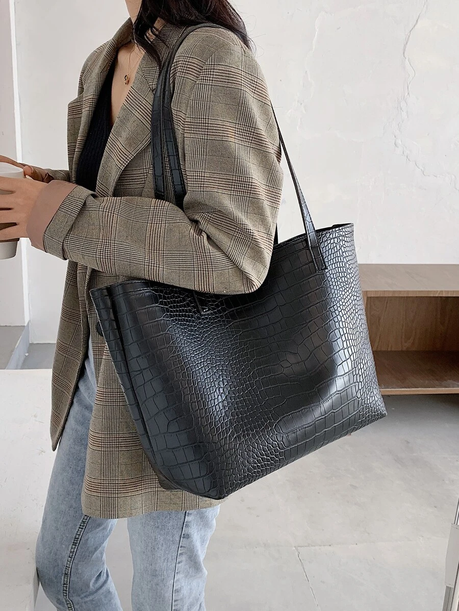 Bolso tote de hombro con cocodrilo en relieve - Negro - Ver 1