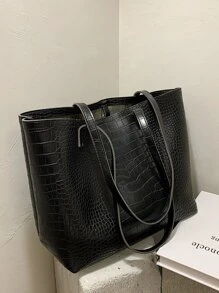 Bolso tote de hombro con cocodrilo en relieve - Negro - Ver 2