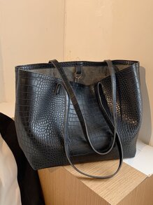 Bolso tote de hombro con cocodrilo en relieve - Negro - Ver 4