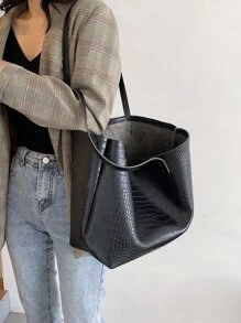 Bolso tote de hombro con cocodrilo en relieve - Negro - Ver 5