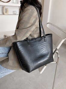 Bolso tote de hombro con cocodrilo en relieve - Negro - Ver 7