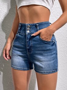 SHEIN EZwear 高腰紐扣門襟牛仔短褲 - 中等水洗藍 - 查看 3