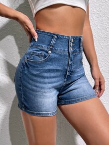 SHEIN EZwear 高腰紐扣門襟牛仔短褲 - 中等水洗藍 - 查看 4