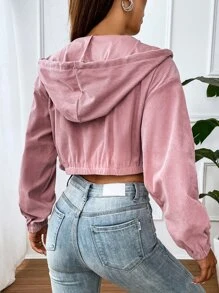 SHEIN EZwear Veste poche à rabat à cordon à capuche court en velours côtelé