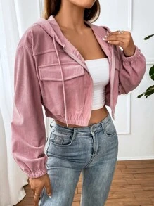 SHEIN EZwear Veste poche à rabat à cordon à capuche court en velours côtelé