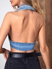 SHEIN Essnce 前紐扣露背短款吊脖牛仔上衣 - 中等水洗藍 - 查看 2