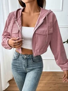 SHEIN EZwear Veste poche à rabat à cordon à capuche court en velours côtelé