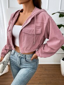 SHEIN EZwear Veste poche à rabat à cordon à capuche court en velours côtelé