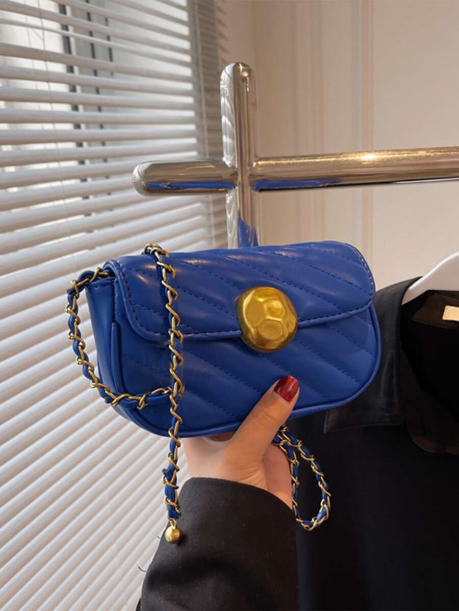 Mini Quilted Metal Lock Flap Chain Square Bag - Blue - View 1