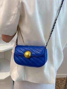 Mini Quilted Metal Lock Flap Chain Square Bag - Blue - View 2