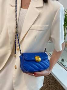 Mini Quilted Metal Lock Flap Chain Square Bag - Blue - View 5