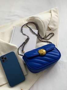 Mini Quilted Metal Lock Flap Chain Square Bag - Blue - View 6