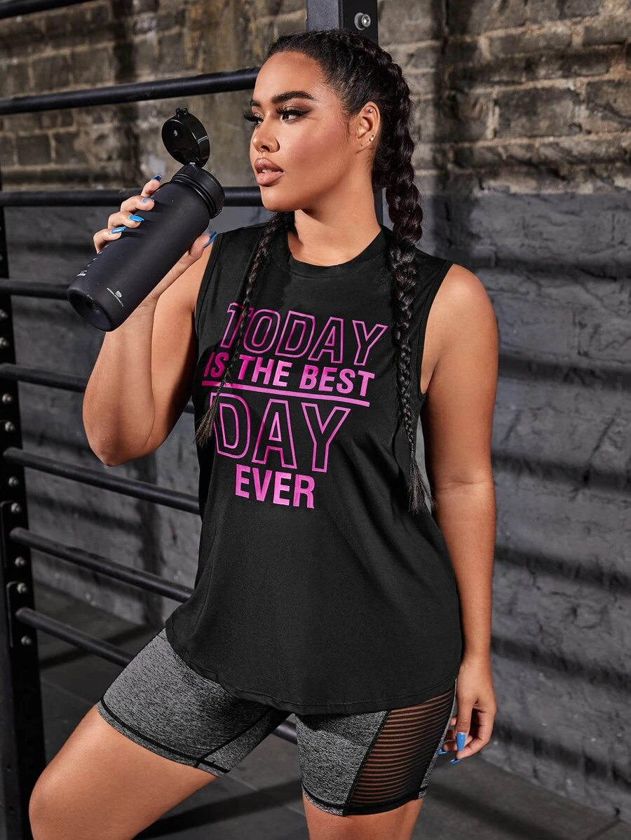 Easithlete Plus Slogan Graphic Sports Tank Top & Mesh Insert Sports Shorts - Black - View 1